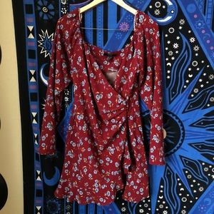 Maroon Ruched Ruffled Floral Long sleeve Dress